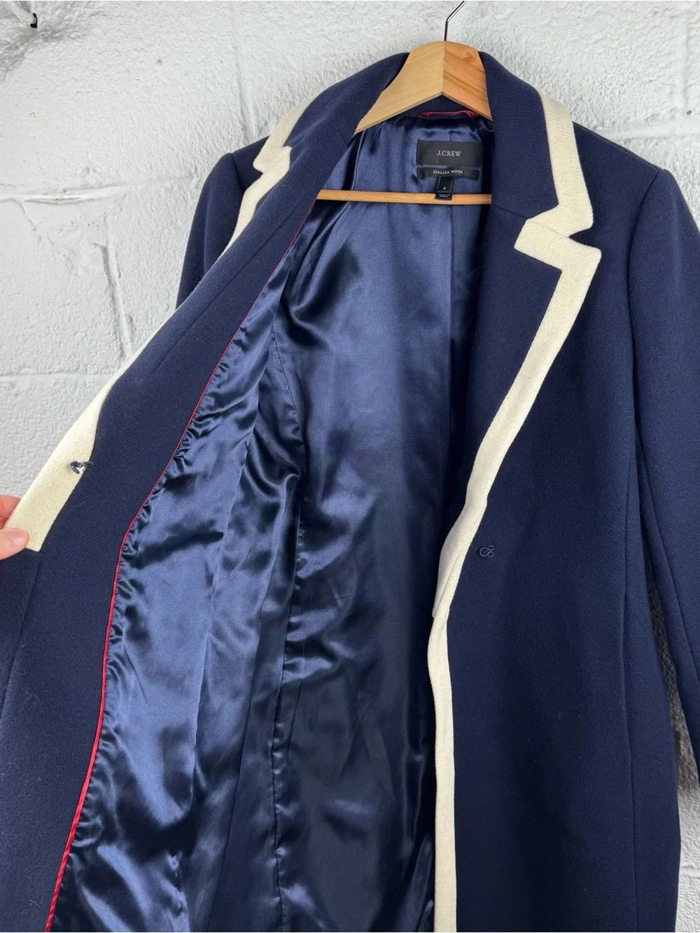 J. Crew Italian Wool Navy & Ivory Contrast Trim Belted Coat Size 4 - Picture 5 of 10